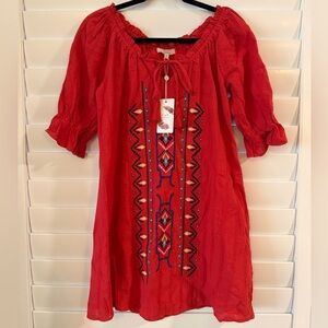 NWT C&V Chelsea & Violet Red Embroidered Boho Mini Shift Dress Size XS